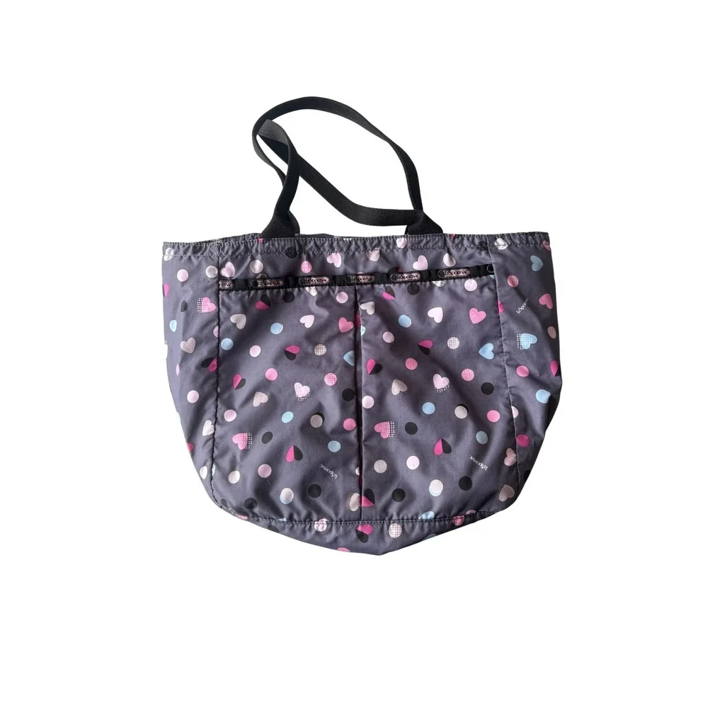 LeSportsac Heart Polka Dot Nylon Tote Bag Grey Pink Blue Shoulder Bag